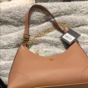 Chic Tan Leather Shoulder Bag with Gold Chain